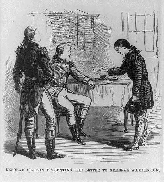 Black and white historical drawing of three men in Revolutionary era uniforms