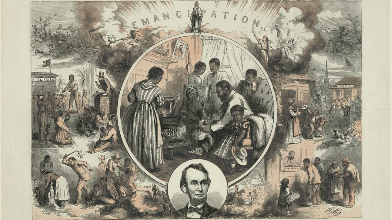 Image entitled "Emancipation" featuring a formerly enslaved family enjoying life around a fire 