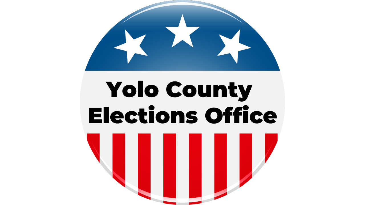 Blue banner with three white stars over the words Yolo County Elections Office with red and white stripes at the bottom